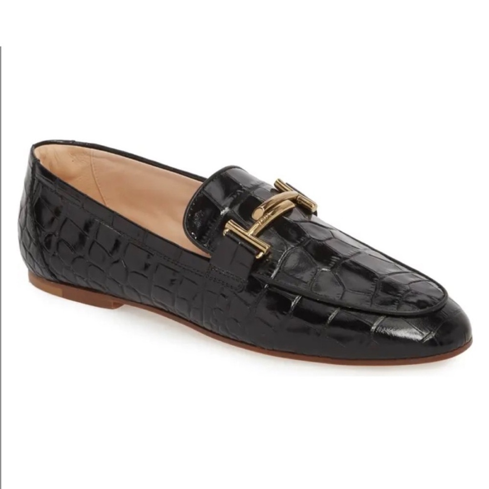 TOD’S Black Croc-Embossed Loafers with Gold Buckle